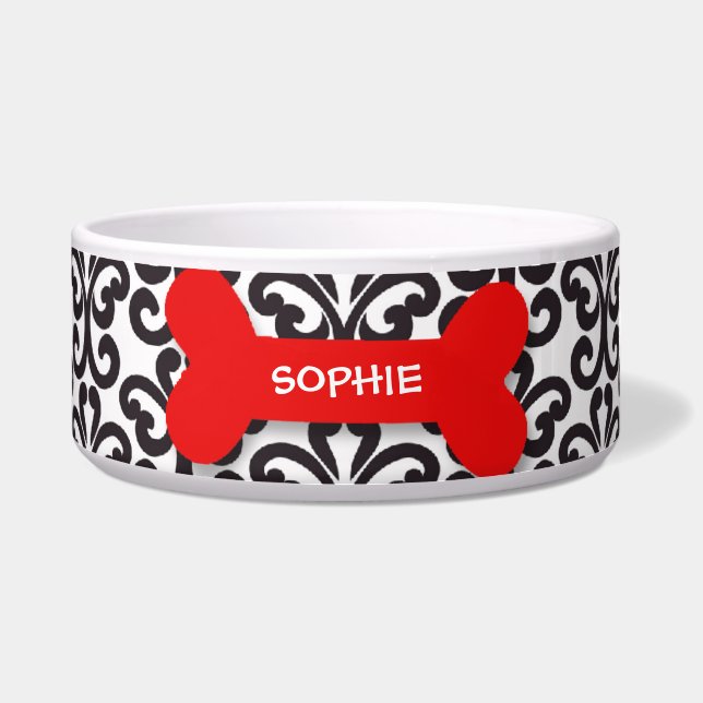 Personalised damask red dog bone pet food bowl (Front)