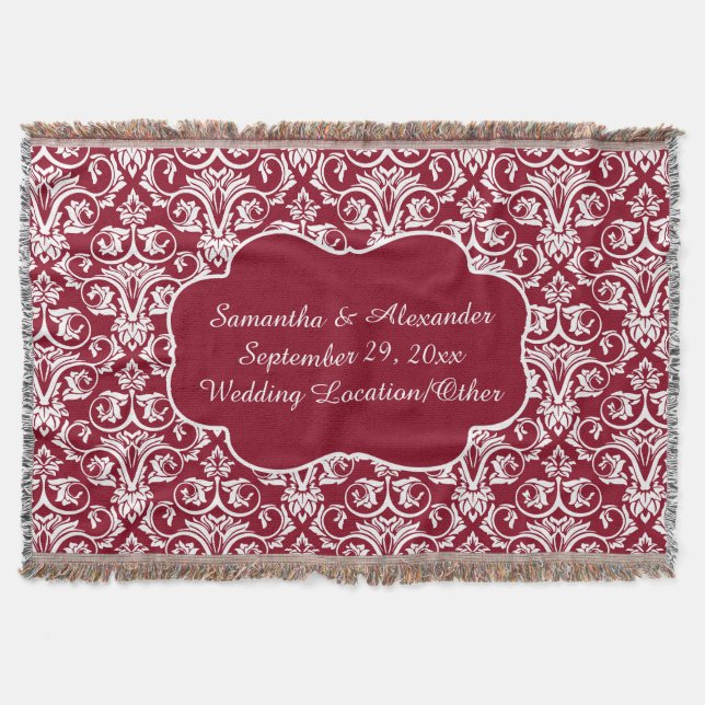 Personalised Damask Wedding/Keepsake Custom Maroon Throw Blanket (Front)