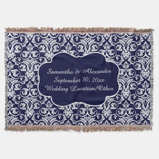 Personalised Damask Wedding/Keepsake Navy Blue Throw Blanket (Front)