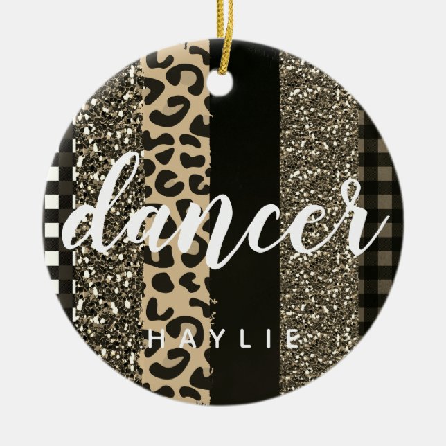 Personalised Dancer Faux Cheetah and Glitter Ceramic Ornament (Front)