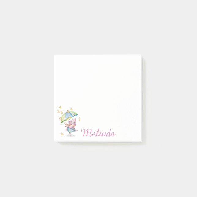 Personalised Dancing Autumn Piggy & Umbrella Post-it Notes (Front)