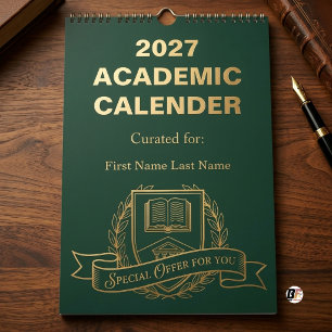 Personalised Dark Academia Green & Gold 2027 Acade Calendar