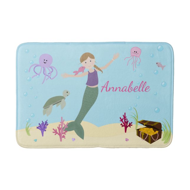 Personalised Dark Blonde Mermaid and Ocean Friends Bath Mat (Front)