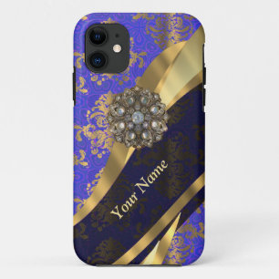 Personalised dark blue damask pattern iPhone 11 case