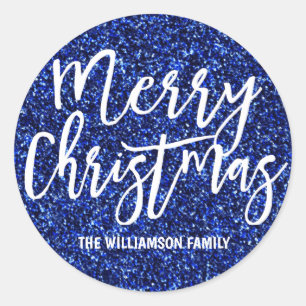 Personalised Dark Blue Glitter Merry Christmas Classic Round Sticker