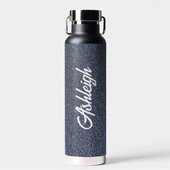 Personalised Dark Blue Glitter Water Bottle (Front)