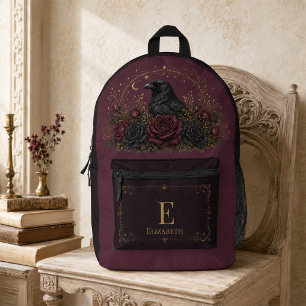 Personalised Dark Burgundy Gothic Raven Roses  Printed Backpack