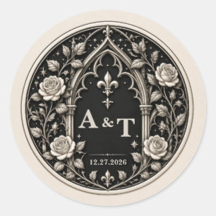 Personalised Dark Gothic Wedding Monogram Classic Round Sticker