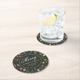 Personalised Dark Green Botanical Christmas Round Paper Coaster