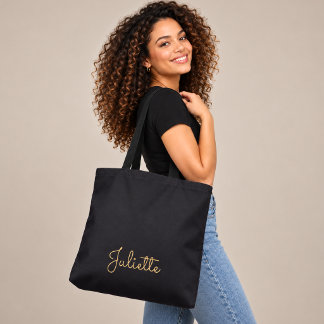 Personalised Dark Luxury Gold Script Name Tote Bag