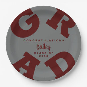 Personalised Dark Maroon and Grey Graduation Paper Plate