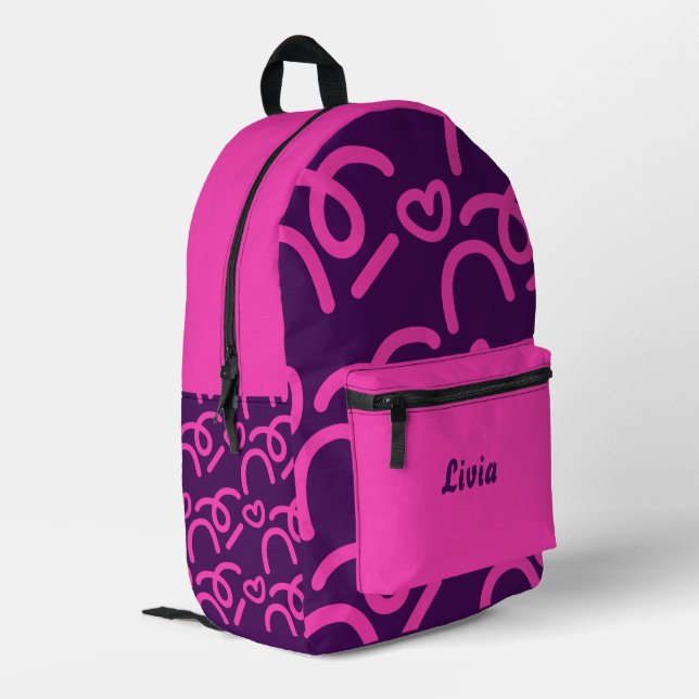 Personalised Dark Neon/Pink Hearts Printed Backpack (Back Corner Left)