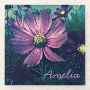 Personalised Dark Purple Flowers Glass Coaster