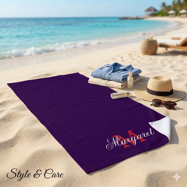 Personalised Dark Purple Name and Initial Beach Towel (Personalized Dark Purple Name and Initial Beach Towel)