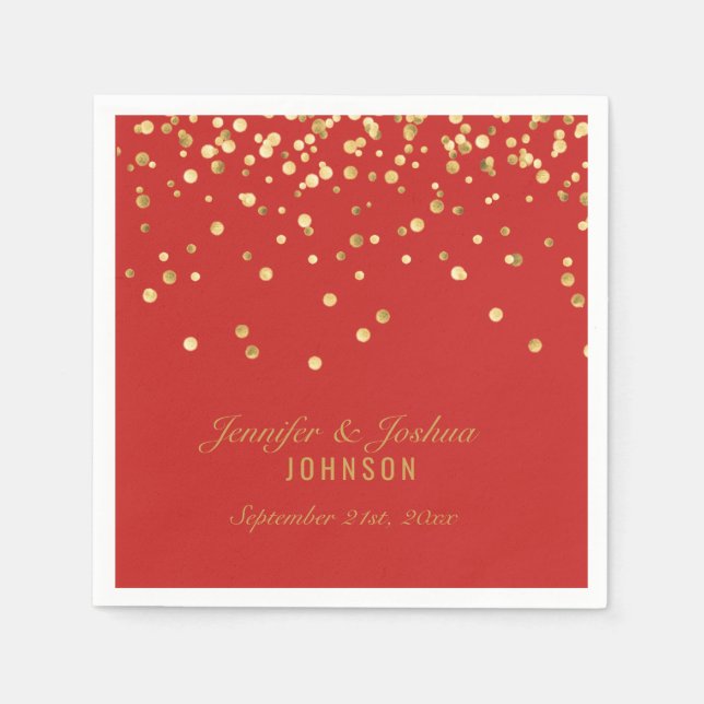 Personalised Dark RED Gold Confetti Wedding Napkin (Front)