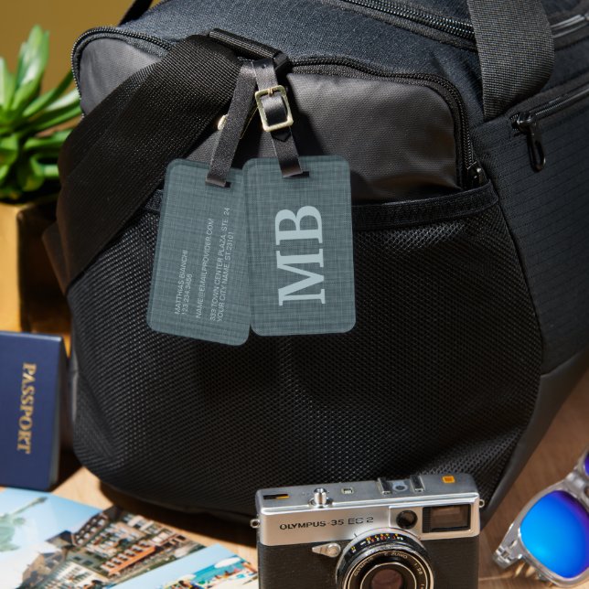 Personalised Dark Teal Blue Grey Monogram Luggage Tag (Front & Back)