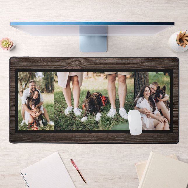 Personalised Dark Wood 3 Photo Collage Desk Mat (Creator Uploaded)