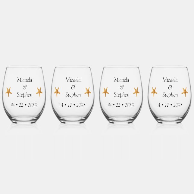 Personalised Dated B&W Starfish Stemless Wine Glass (Front)