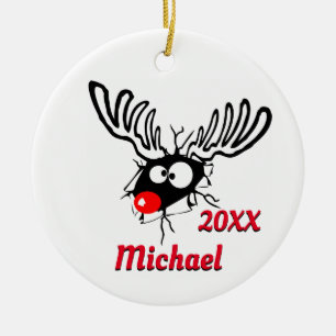 Personalised Dated Funny Reindeer Ceramic Ornament