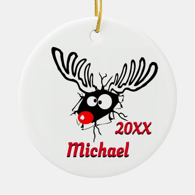 Personalised Dated Funny Reindeer Ceramic Ornament (Front)