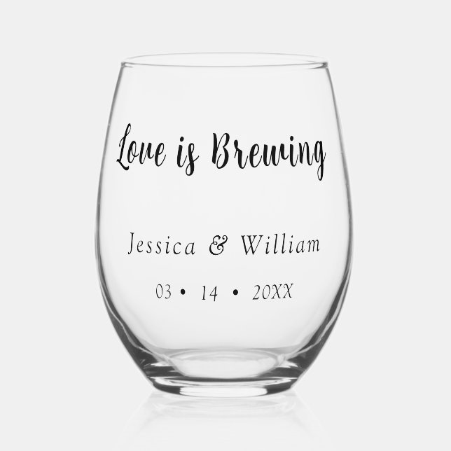 Personalised Dated Love is Brewing Stemless Wine Glass (Front)