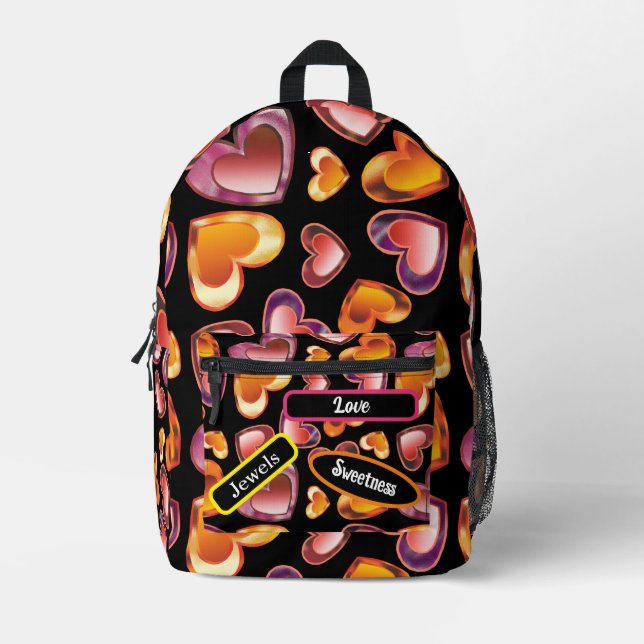 Personalised Dazzling Popping Gem Hearts Foil Printed Backpack (Front)