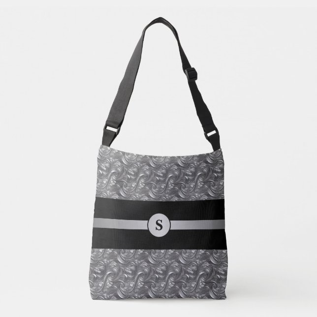 Personalised Decorative Silver Grey & Black  Crossbody Bag (Front)
