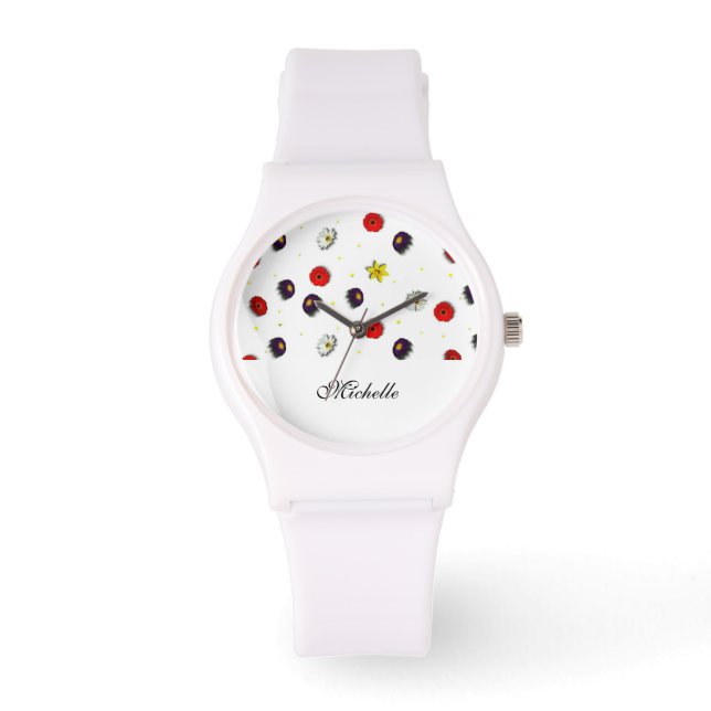 Personalised decorative spring flowers white watch (Front)