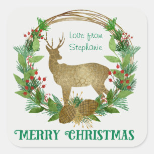 Personalised Deer and Pine Bough Christmas Wreath Square Sticker