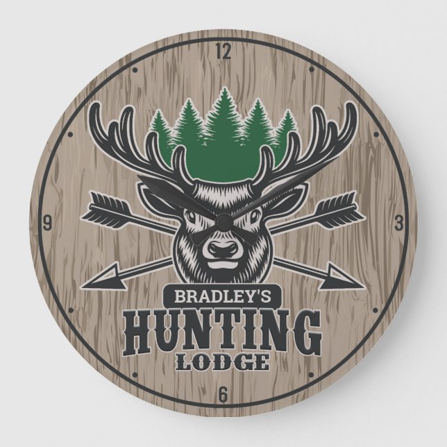 Personalised Deer Elk Hunter Bow Hunting Lodge Large Clock (Front)
