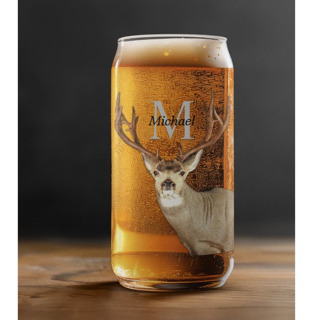 Personalised Deer Hunting Monogram Antlers Groom Can Glass (A classy and modern deer hunting monogram beer glass. The perfect personalized gift.)