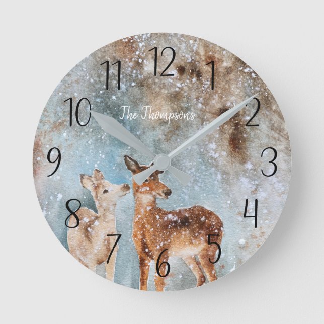 Personalised Deer Winter Scene Round Clock (Front)
