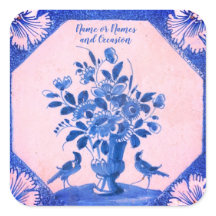Personalised Delft floral Birds  Square Sticker