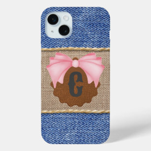 Personalised Denim & Leather with Pink Bow iPhone 15 Mini Case