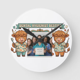 Personalised Dental Hygienist Besties Highland Cow Round Clock