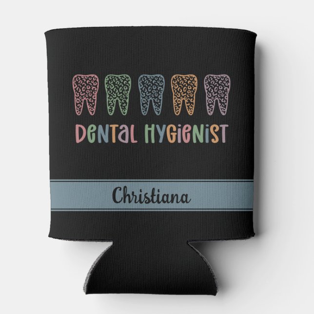 Personalised Dental Hygienist Leopard Print teeth Can Cooler (Back)