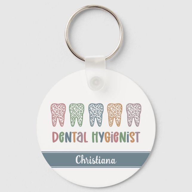 Personalised Dental Hygienist Leopard Print teeth Key Ring (Front)