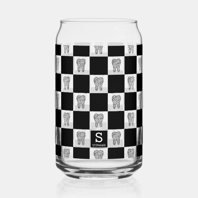 Personalised Dental Tooth Check Pattern Can Glass (Front)