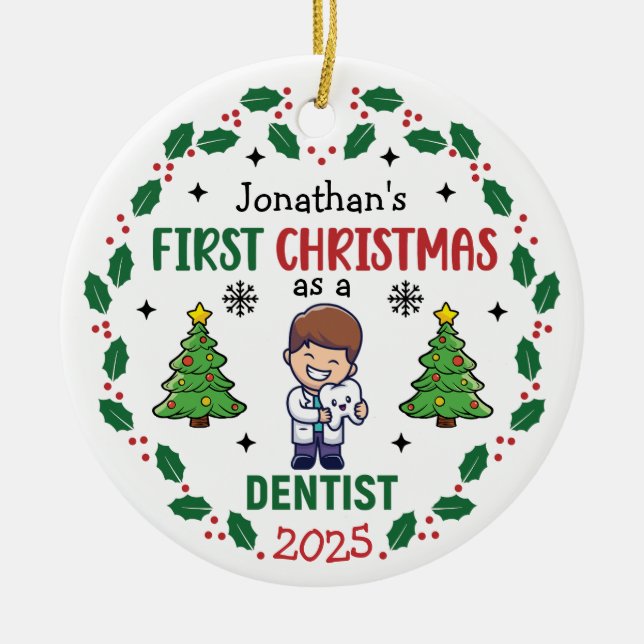 Personalised Dentist First Christmas Tree Round Ceramic Ornament (Front)