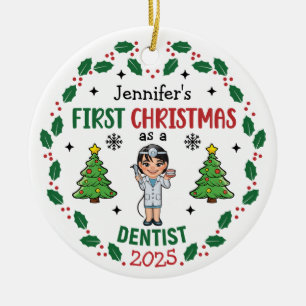 Personalised Dentist First Christmas Tree Round Ceramic Ornament