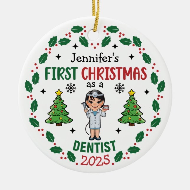 Personalised Dentist First Christmas Tree Round Ceramic Ornament (Front)