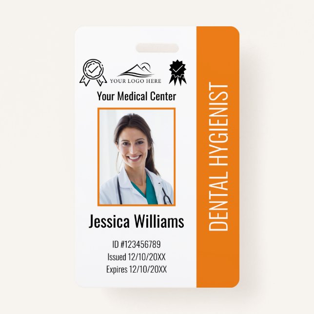 Personalised Dentist Office Logo Photo ID Orange ID Badge (Front)