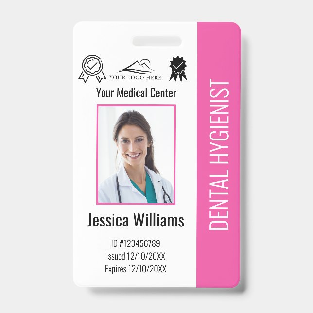 Personalised Dentist Office Logo Photo ID Pink Badge (Front)