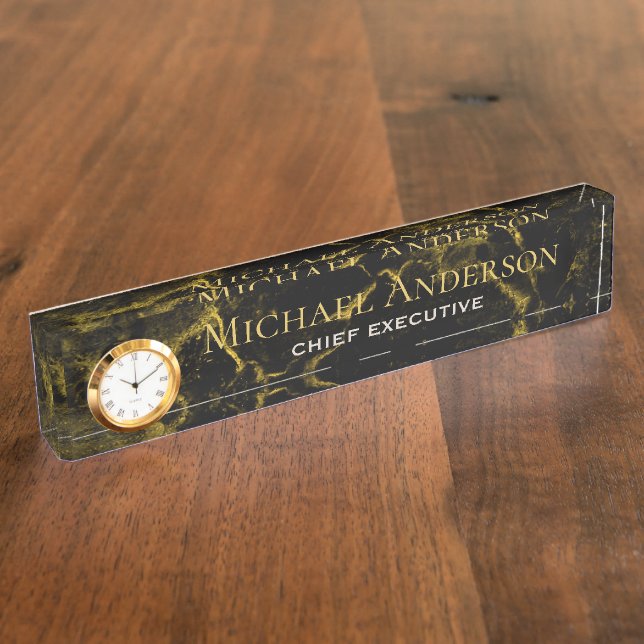 Personalised Desk NAME Plate Black GOLD MARBLE (Side)