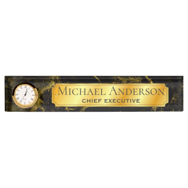 Personalised Desk NAME Plate Black GOLD MARBLE 2 (Front)