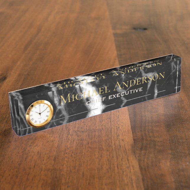 Personalised Desk NAME Plate Black White MARBLE (Side)