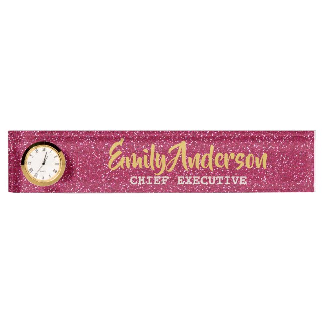 Personalised Desk NAME Plate PINK GLITTER GOLD (Front)
