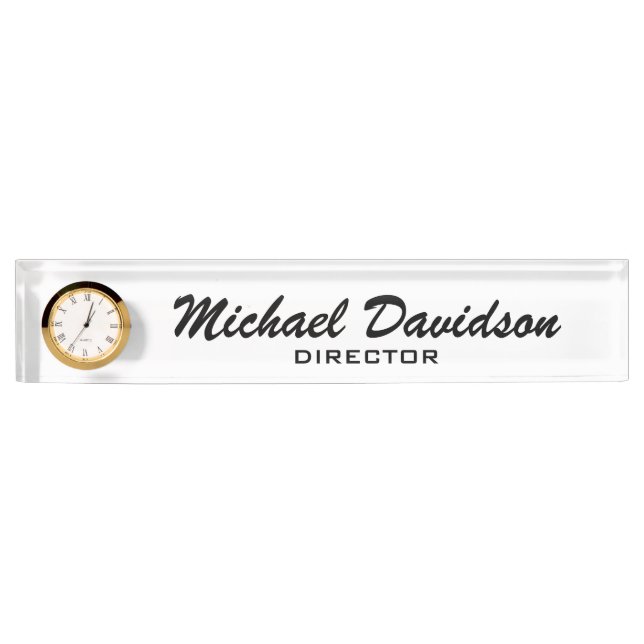 Personalised desk name plate with clock (Front)