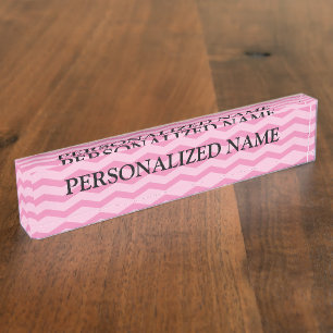 Personalised desk nameplate pink chevron pattern