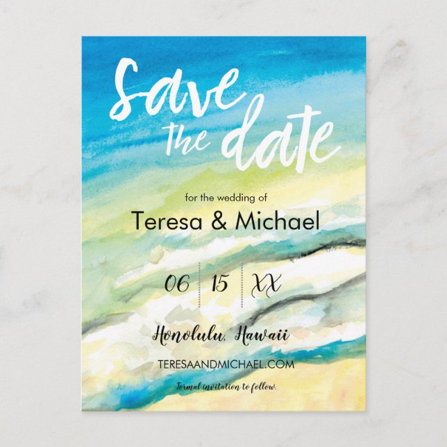 Personalised Destination Wedding Beach watercolor Announcement Postcard (Front)